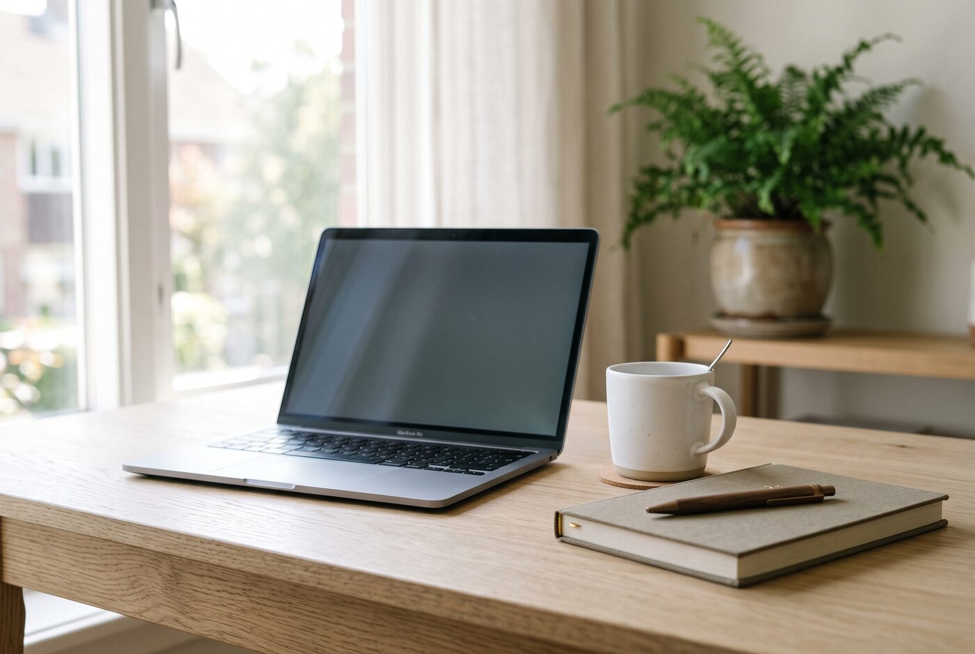 A laptop, notebook and mug on a sunlit desk